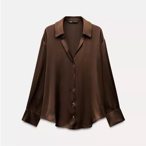 Zara Brown Satin Button-Up Blouse XS